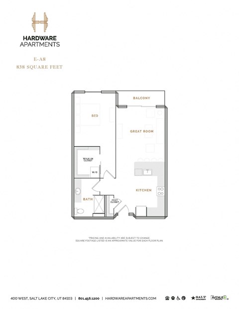 Floor plan for 1 bed, 1 bath, 896 sqft